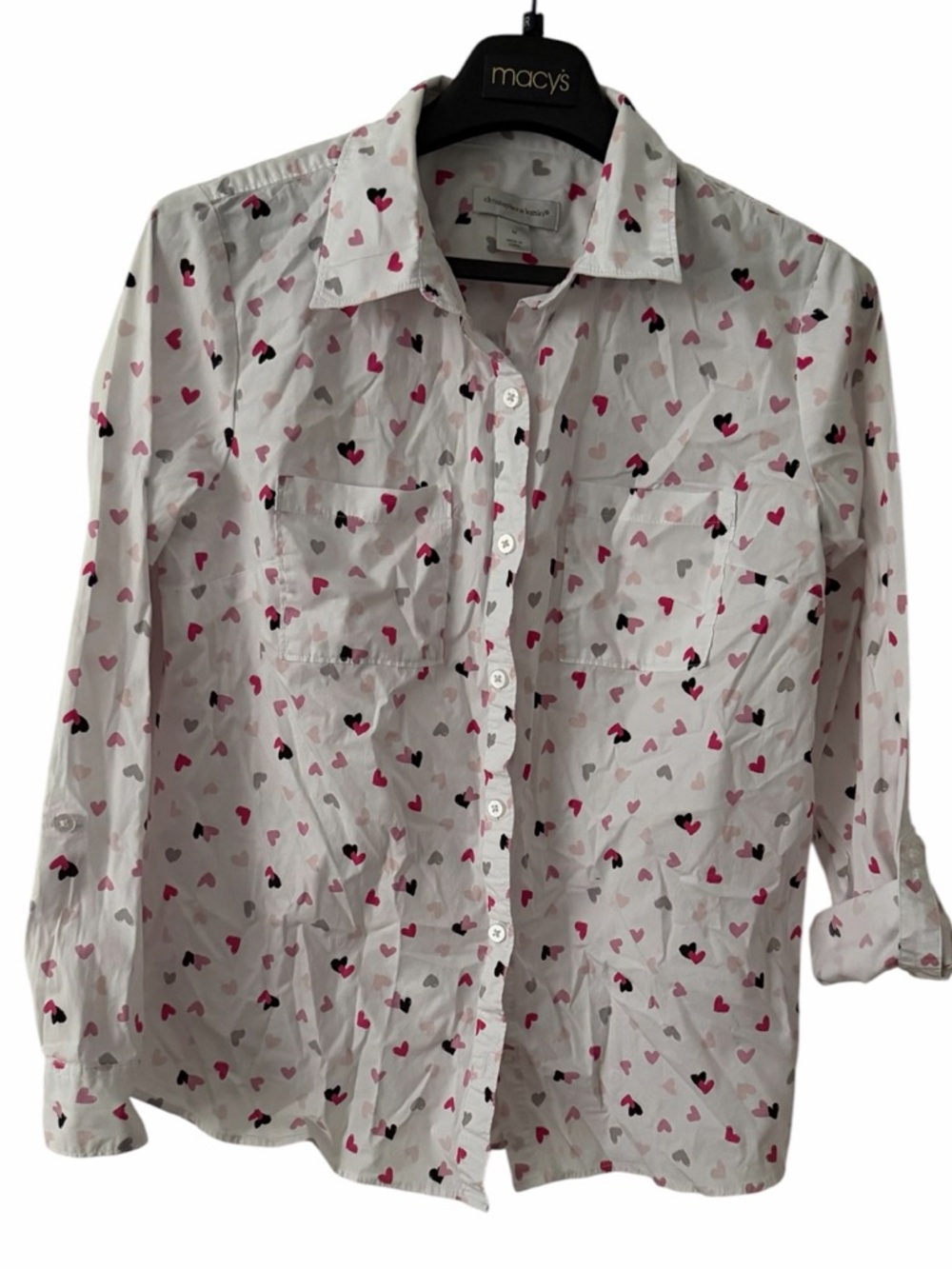 Christopher & Banks White Heart Print Roll-Tab Button-Down Shirt - Size M (008)